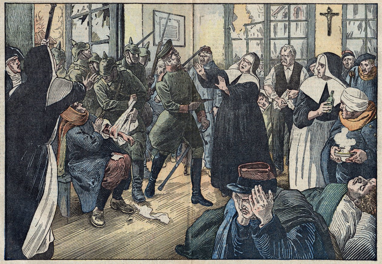 1914, First World War: Amelie Rigard, known as Sister Julie, defends the wounded of her hospital against German soldiers. Gerbeviller, Meurthe and Moselle (54). Illustration of Damblans. In “” Le Pelerin”” of May 17 av Eugene Damblans