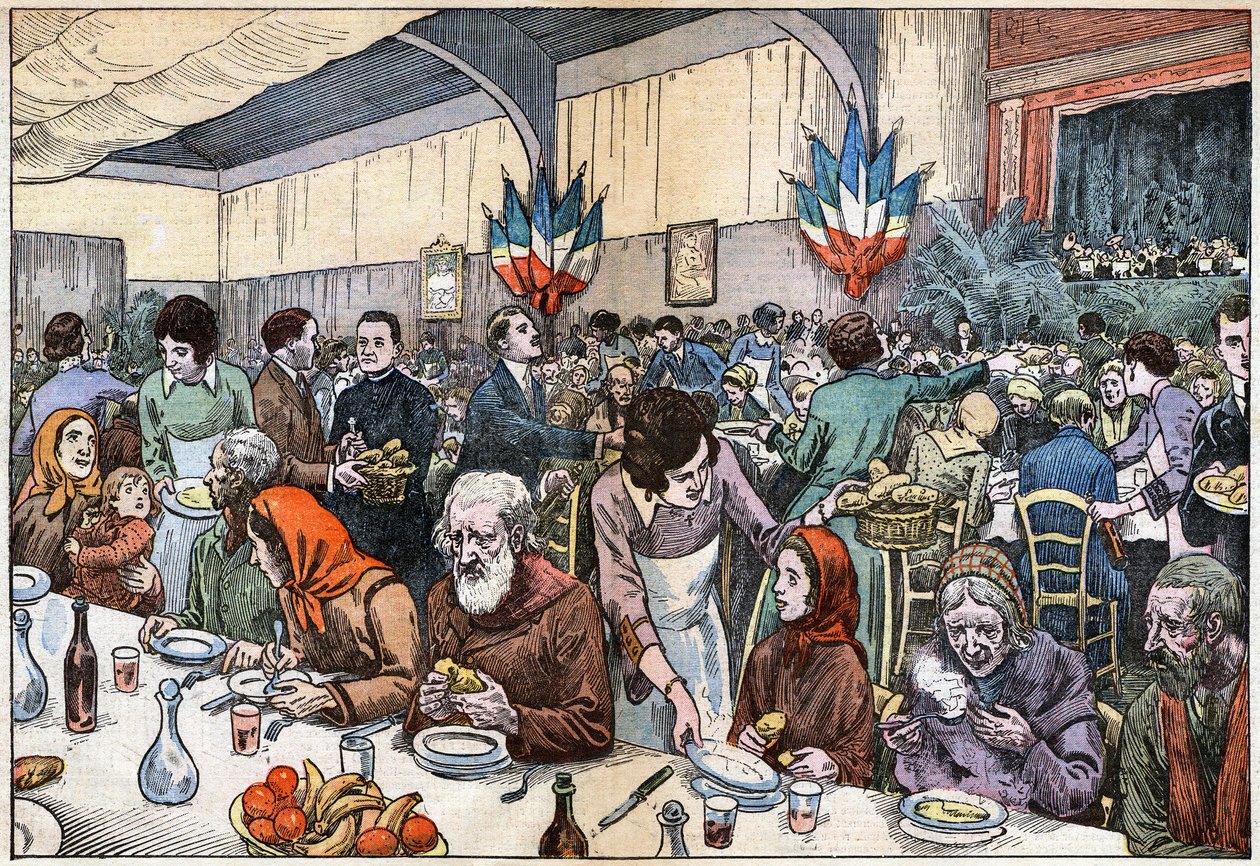En bankett for de fattige (veldedighet - veldedighetskomité - katolsk nødhjelp - suppe - dame skytshelgen). Juledag 1927 arrangerte kardinal Ferrari (regissert i Paris av Abbe Rivota) en messe for de fattige, etterfulgt av en bankett på 2000 dekket. Tegnin av Eugene Damblans