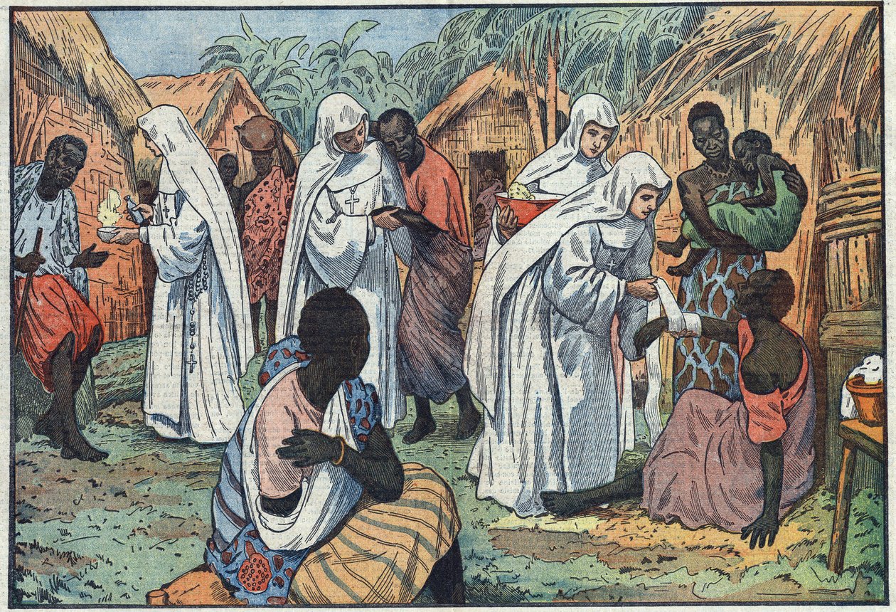 About the inauguration, at the Lateran Palace, in Rome, of the Museums of the White Sisters in a village in Equatorial Africa where they catechism and care for the sick. Illustration of Damblans. In “” Le Pelerin”” of January 29 av Eugene Damblans