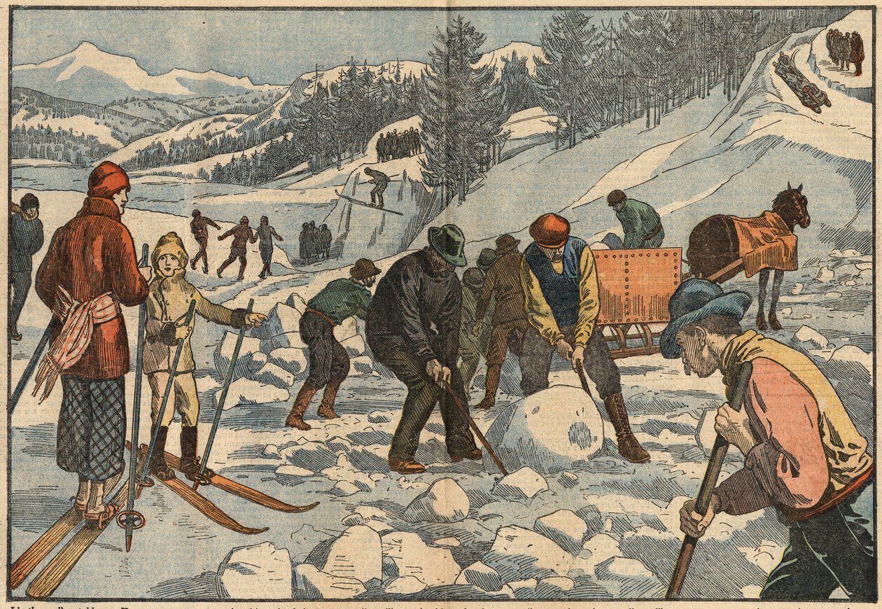 Alpine innbyggere samler isblokker om vinteren for sommeren. I bakgrunnen driver menn med vinteridrett. Illustrasjon av Damblans. I "" Le Pelerin"" av 18. desember av Eugene Damblans