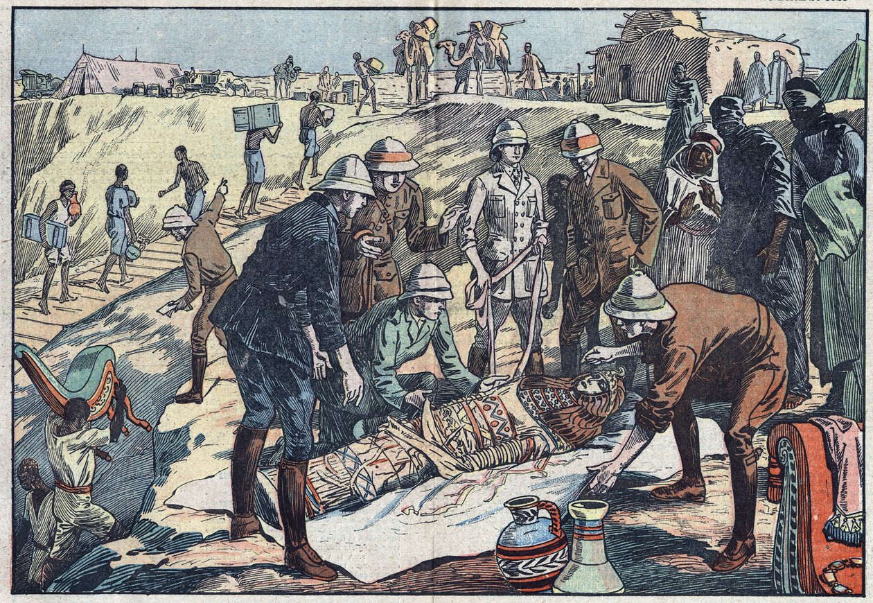 An English mission, commissioned by Earl Byron de Prorok (1896-1954), an archeologist, discovered the tomb of Tin-Hahan in the Hoggar. Illustration of Damblans. In “” Le Pelerin”” of 20 December 1925. av Eugene Damblans