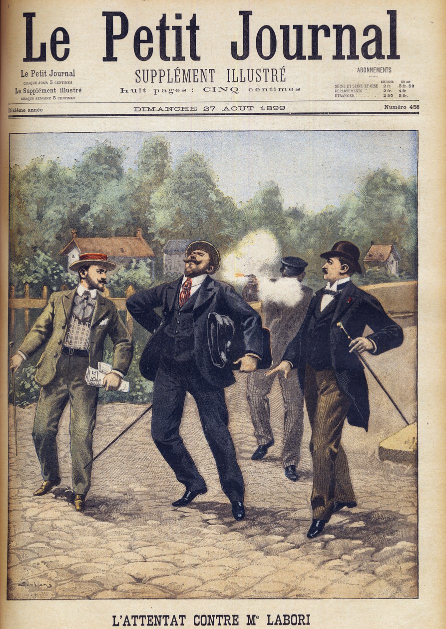 Attentatforsøk på Fernand Labori, en av advokatene som forsvarte Alfred Dreyfus ved hans andre krigsrett i Rennes "Le Petit Journal", august 1899. av Eugene Damblans