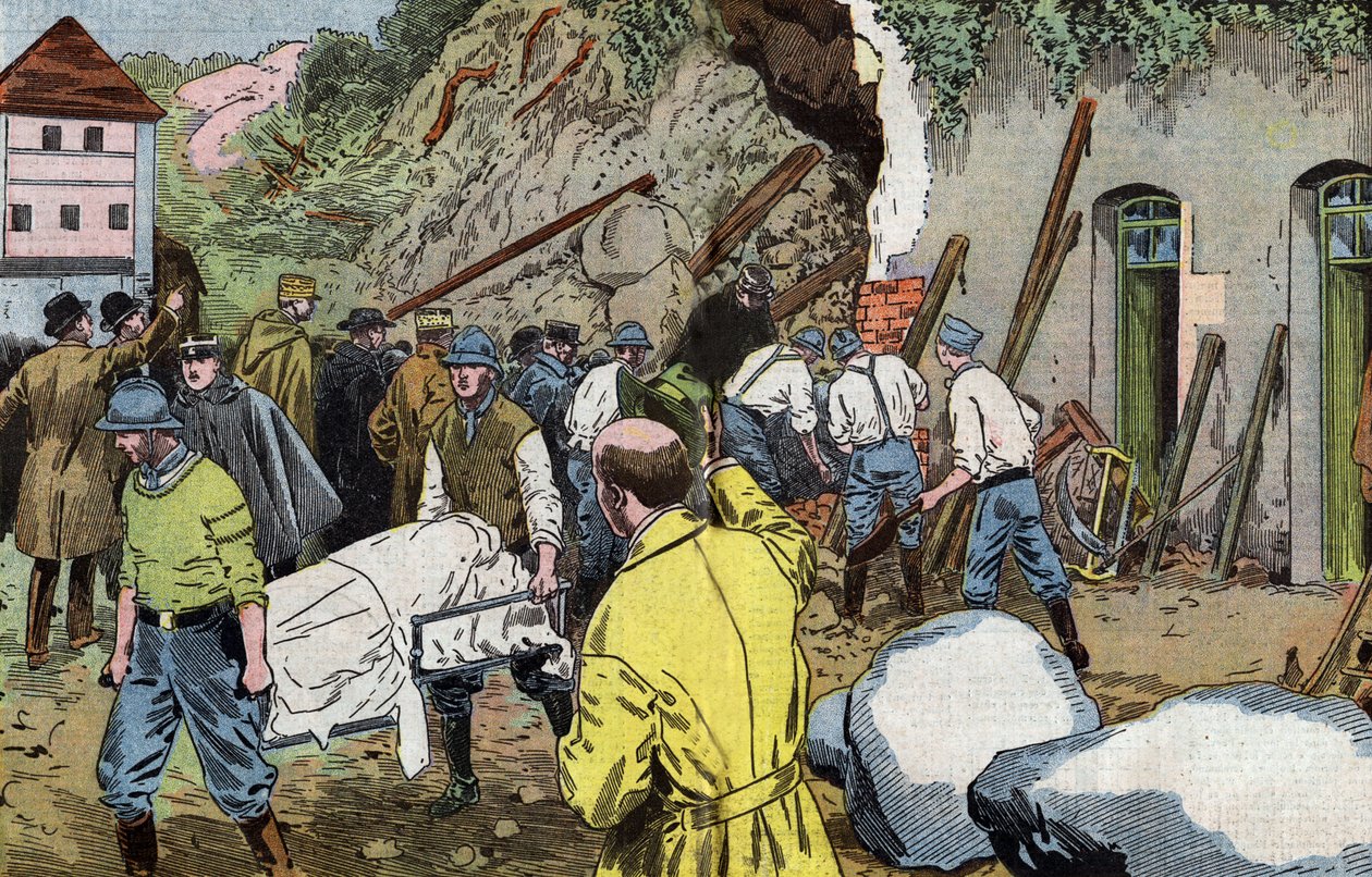 Liket av den amerikanske generalen Dunlop døde fordi han reddet fru Briant under kollaps av uthusene til Fariniere-slottet (Frankrike) tegnet av Damblans fra den franske avisen "Le Pelerin" 7. juni av Eugene Damblans