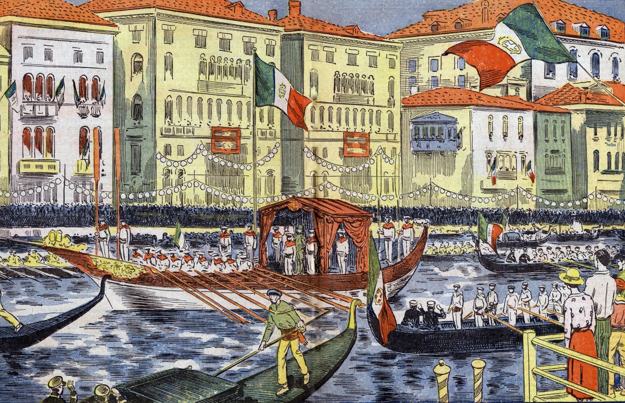 Feiring i Venezia til ære for prinsen og prinsessen av Piemonte, tegning av Damblans fra papiret "Le Pelerin" 25. september av Eugene Damblans