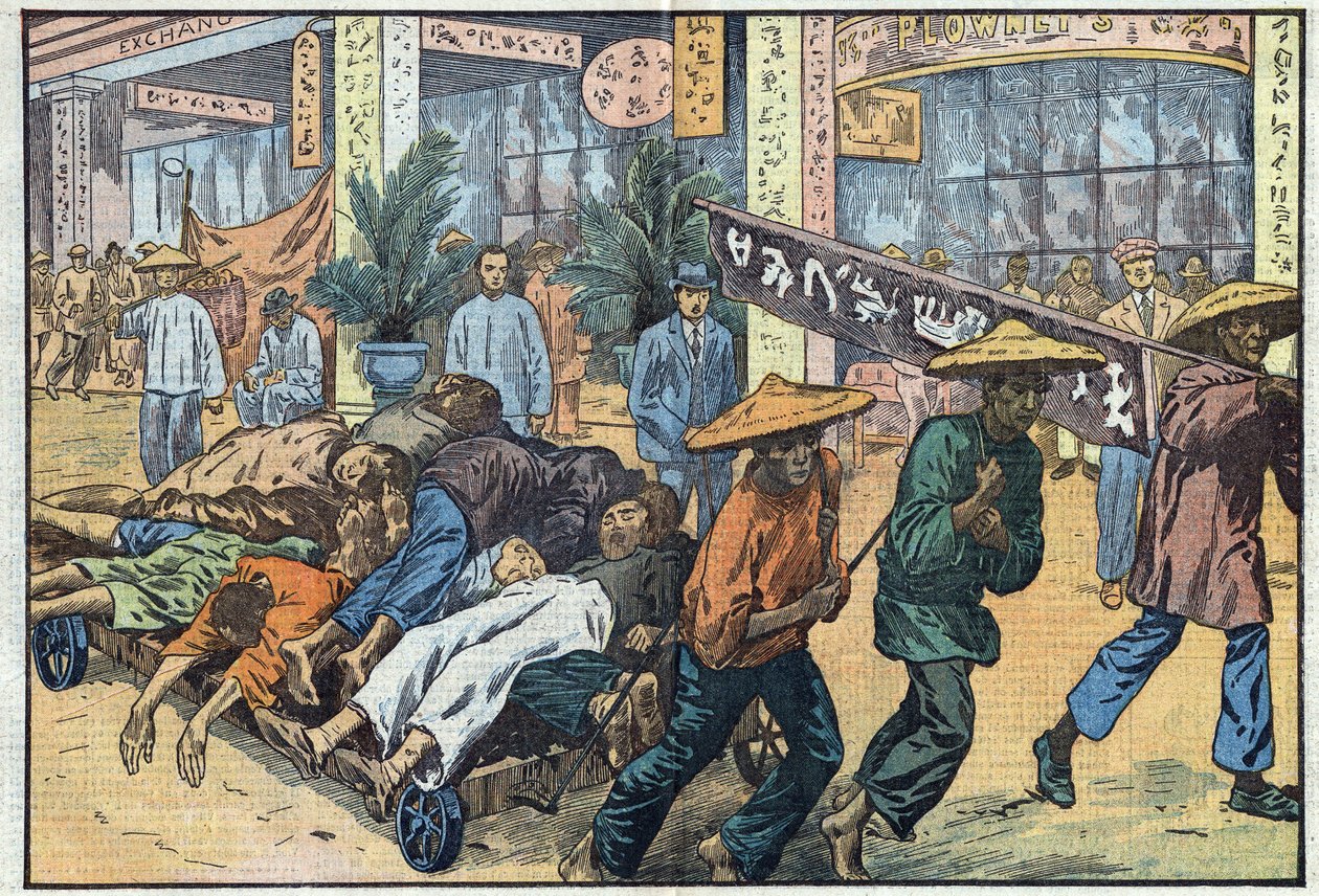Borgerkrig mellom nasjonalister og kommunister i Kina: etter den kommunistiske uroen i Kanton, blir likene til ofrene stablet opp på vogner. Illustrasjon av Damblans. I "" Le Pelerin"" av 4. mars av Eugene Damblans