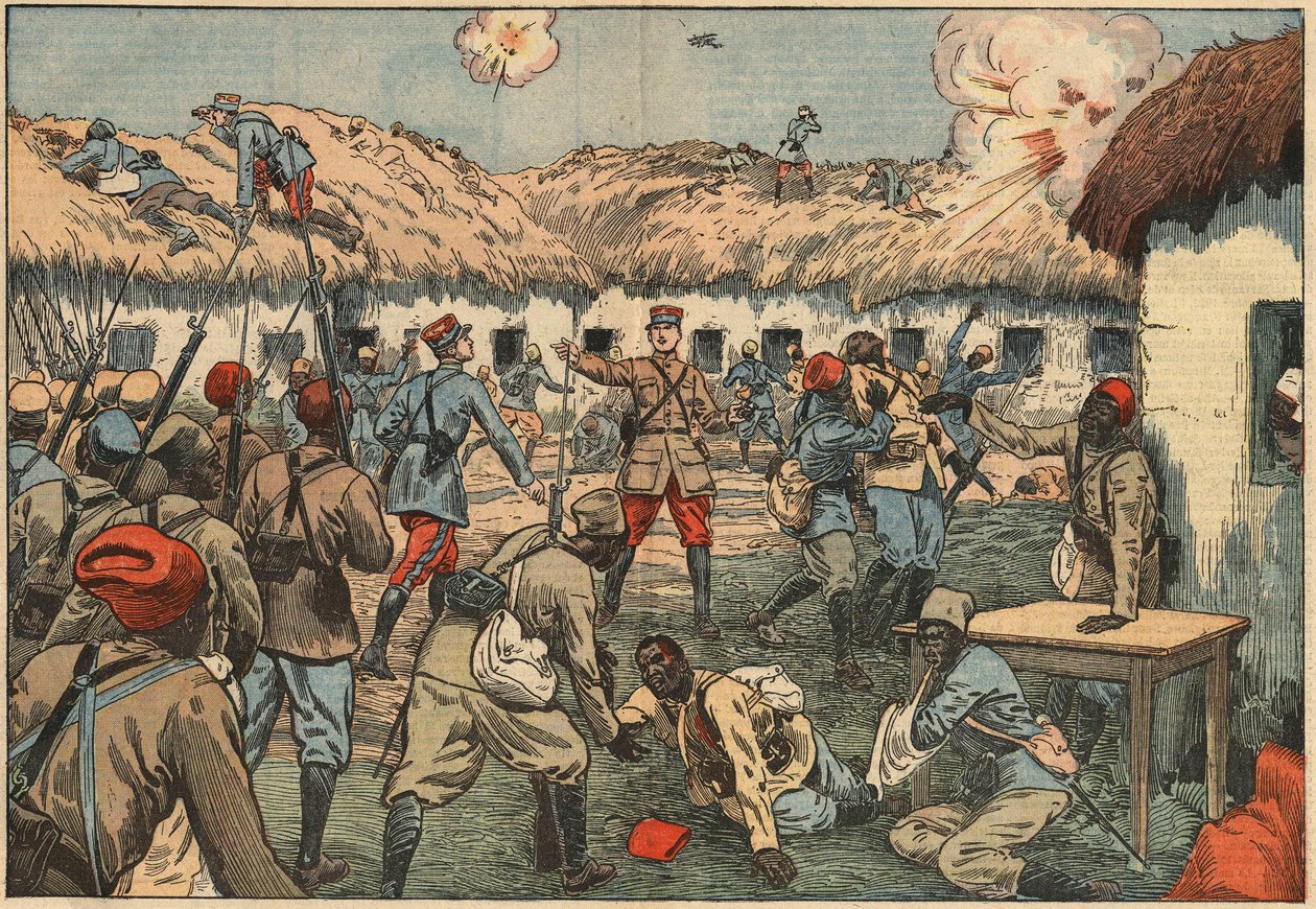 Colonial troops unlocked the Aoulay (Aoulai) post in Morocco under Captain Duboin. Illustration of Damblans. In “” Le Pelerin”” of June 7 av Eugene Damblans