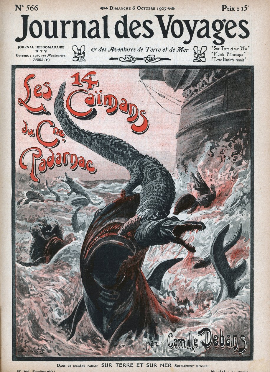 Krokodiller sluker av haier. Illustrasjon av Damblans "De fjorten kaimanene til kaptein Padarnac"" av Camille Debans (1834-1910). En avis. Gravering i "" Journal des Voyages"" fra 1907. av Eugene Damblans