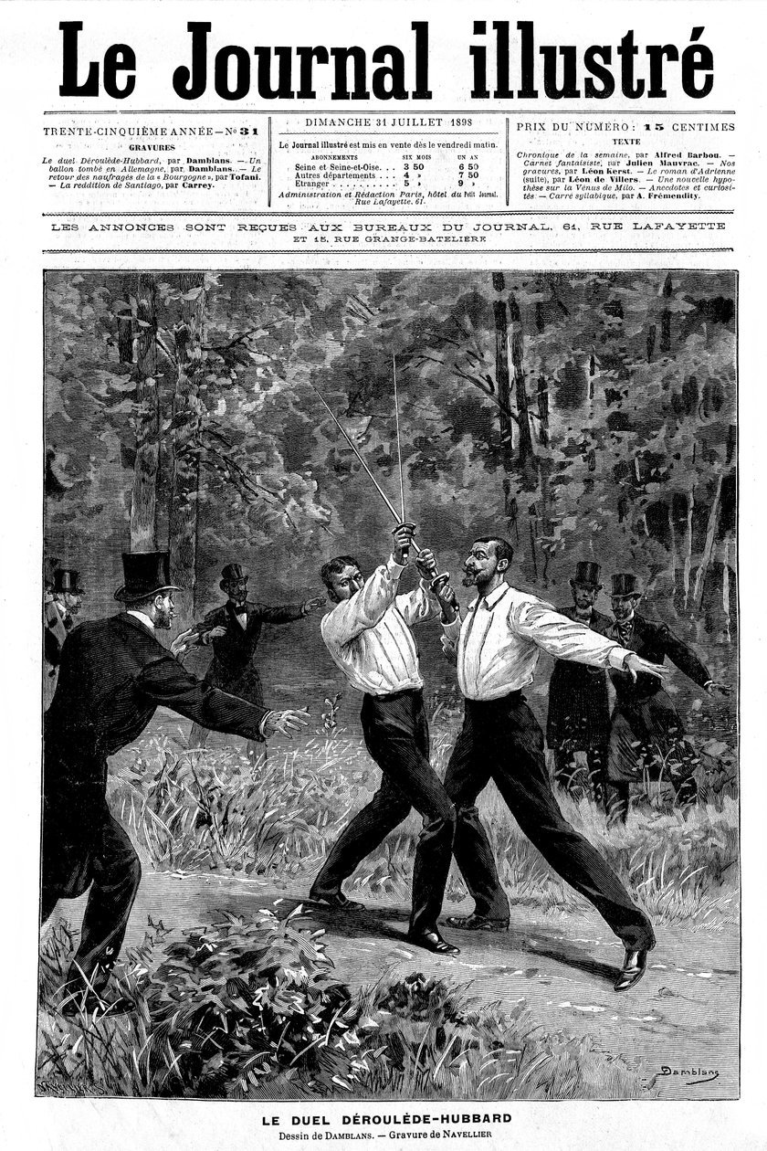 Gravering av Damblans på "en" av Journal Illustrous N¡ 31 av 31. juli 1898: duell ved sverdet mellom Paul Deroulede (1846-1914) og Gustave Hubbard (1858-1927) - vitnene grep inn - av Eugene Damblans