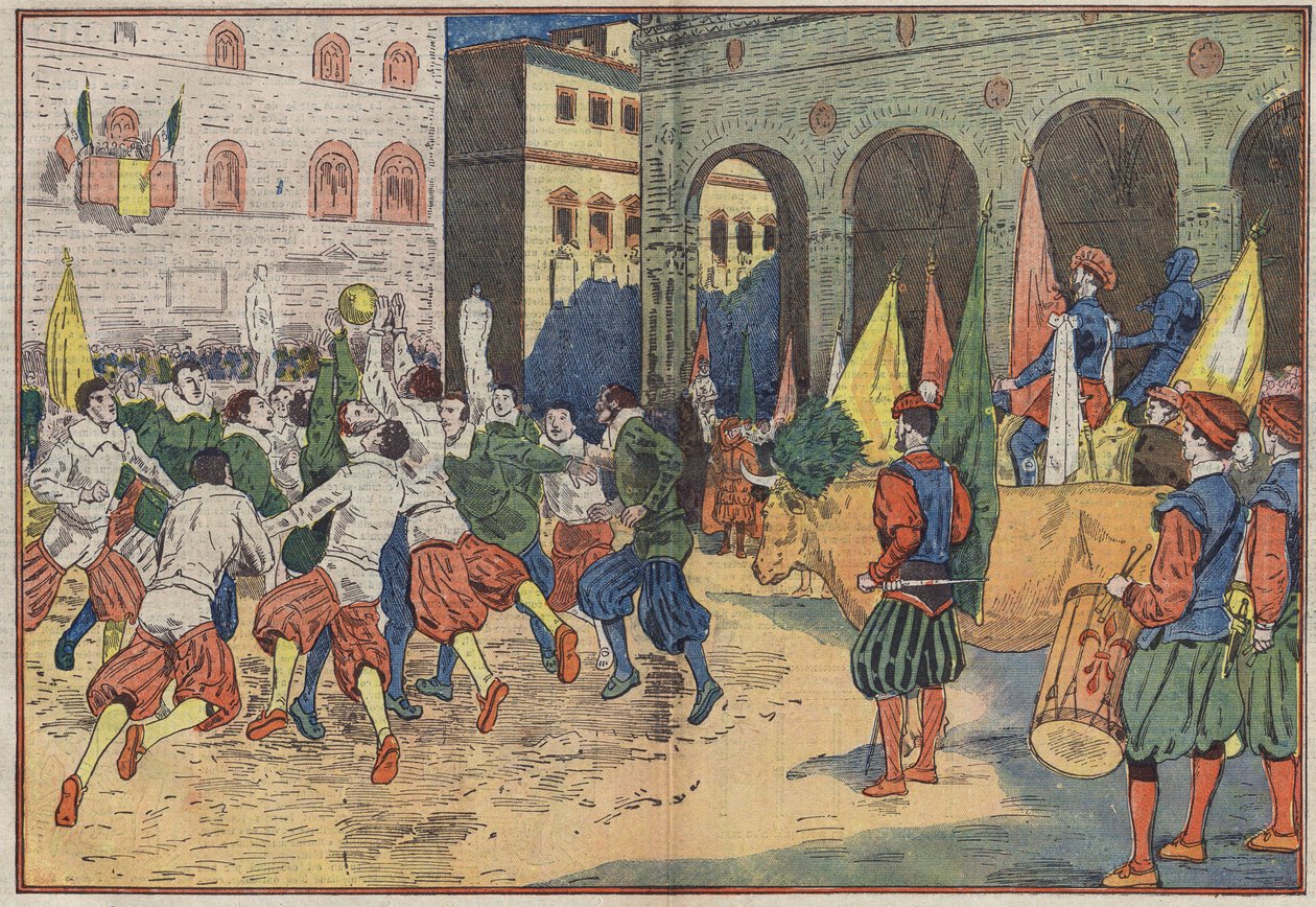 Florence, Italy: on the Place de la Seigneurie, a part of “calcio”, football of the 15th century, was reconstituted in a period costume. A beef was offered to the winning team. Illustration of Damblans. In “” Le Pelerin”” of June 8 av Eugene Damblans