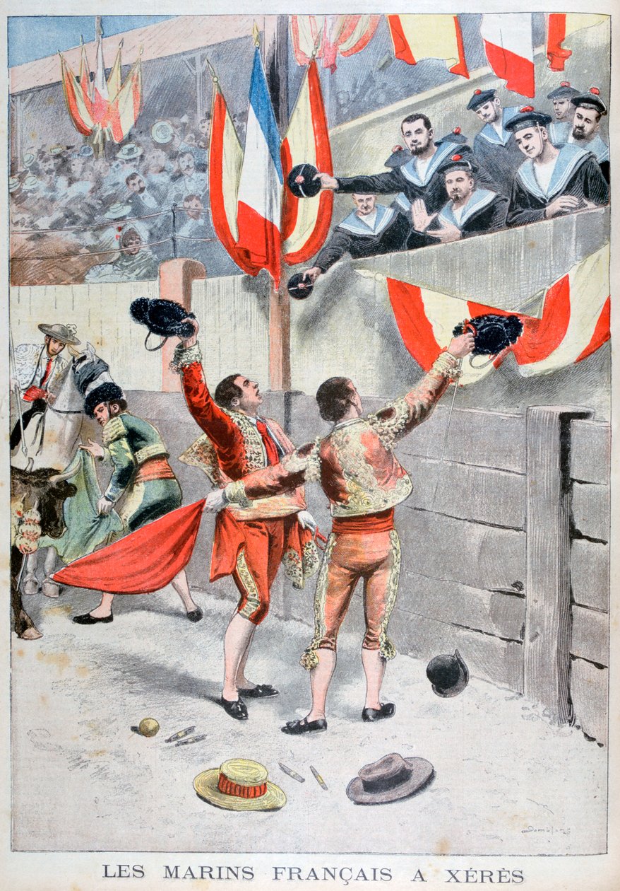 Franske sjømenn ser på en oksekamp, Xeres, Spania, 1899 av Eugene Damblans