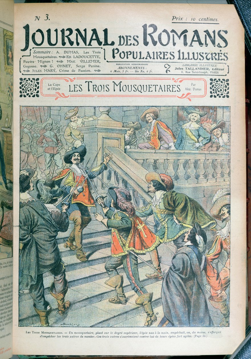 Forside av en serialisering av The Three Musketeers av Alexandre Dumas pere (1803-70) fra Journal des Romans Populaires Illustres, 1905 av Eugene Damblans