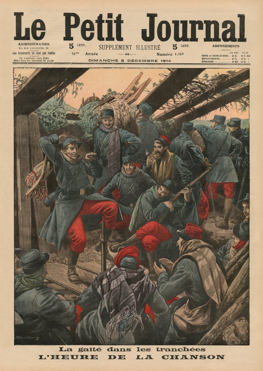 Glad fest i skyttergravene, Song Time, forsideillustrasjon fra 'Le Petit Journal', bilagsillustre, 6. desember 1914 av Eugene Damblans