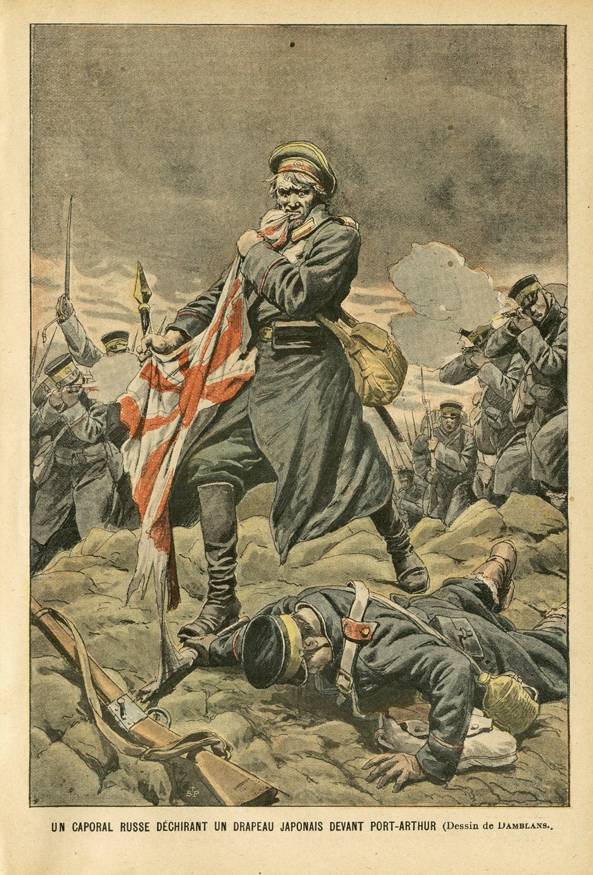 Illustrasjon av Eugene Damblans (1865-1945) i Le Pelerin, 01/01/05 - En russisk korporal som river et japansk flagg foran Port Arthur - Russland, Japan, Port Arthur, russisk-japansk krig, slåssing, rifler - soldater, Korporal av Eugene Damblans