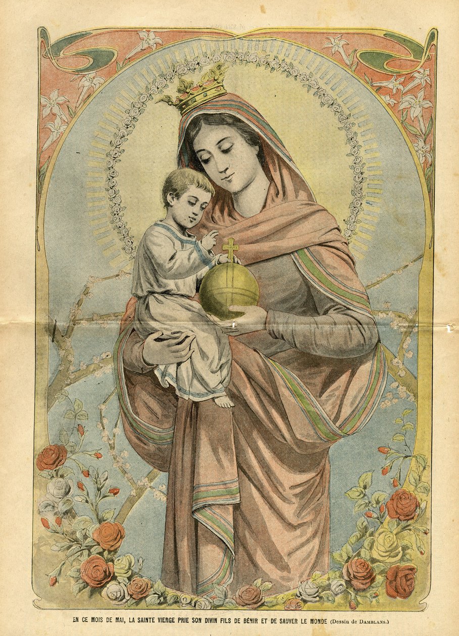 Illustrasjon av Eugene Damblans (1865-1945) i Le Pelerin, 01/05/04 - I denne mai måned ber den hellige jomfru sin guddommelige sønn om å velsigne og redde verden - Religion Tro, blomster, katolsk katolisisme - Jesus, Maria av Eugene Damblans