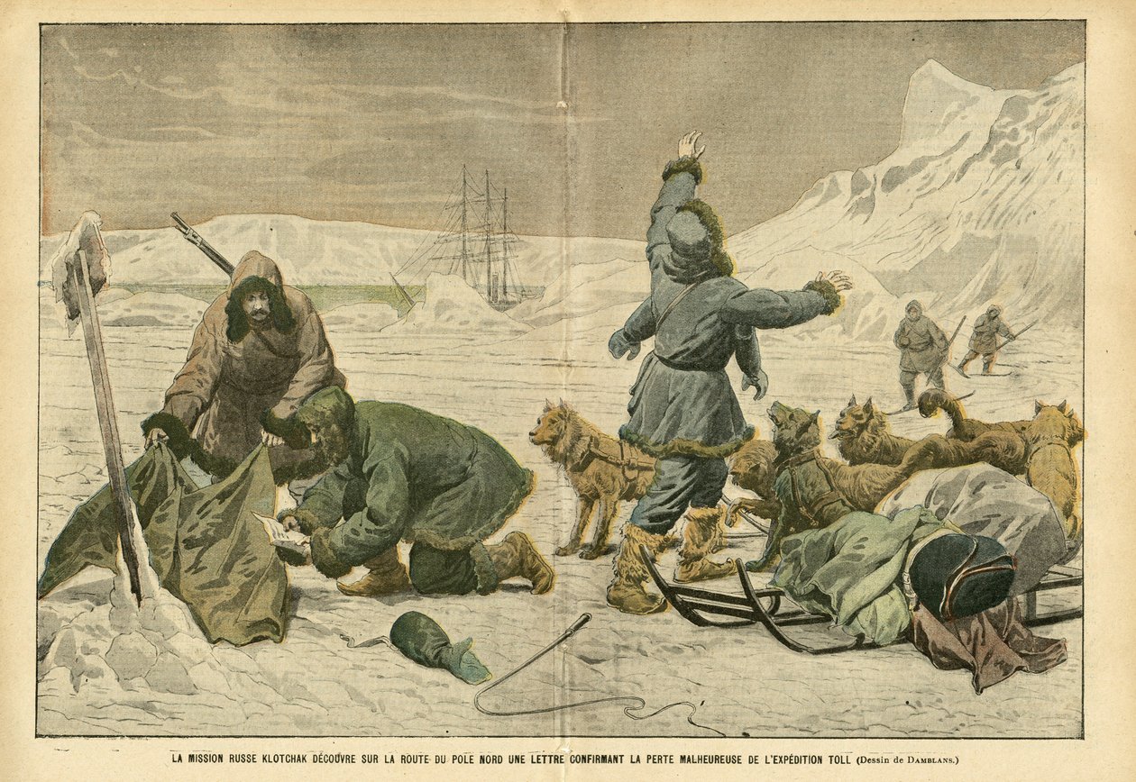 Illustrasjon av Eugene Damblans (1865-1945) i Le Pelerin, 02/04/05 - Det russiske oppdraget Klotchak oppdager på nordpolveien et brev som bekrefter det uheldige tapet av ekspedisjonen Toll - Nord- og Sydpolene, Polarekspedisjoner, Is, Slede Trai av Eugene Damblans
