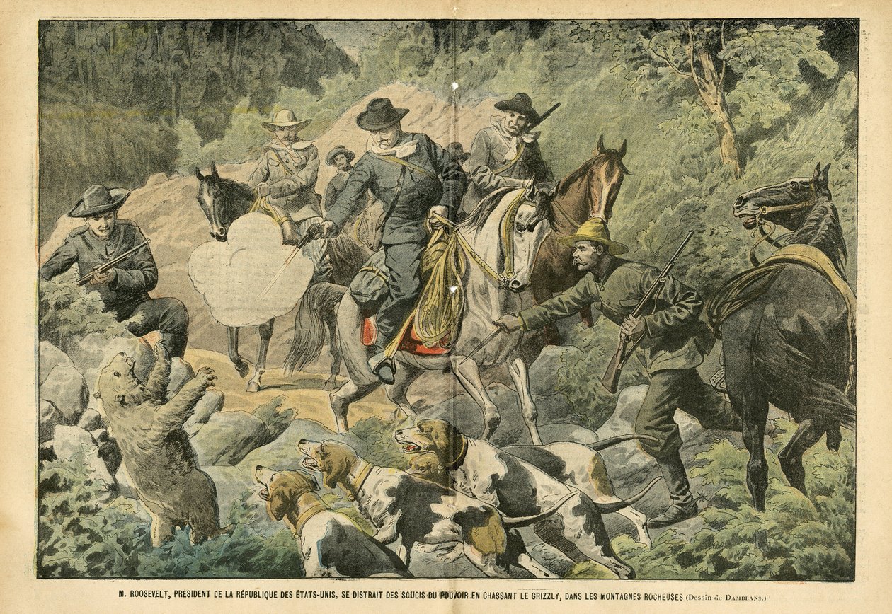 Illustrasjon av Eugene Damblans (1865-1945) i Le Pelerin, 02/07/05 - Roosevelt, USAs president, distraherte seg fra maktens bekymringer ved å jakte på grizzlybjørner i de steinete fjellene - Amerika USA, Hunting USA, Rocky Mountains - Hund, bjørn, av Eugene Damblans