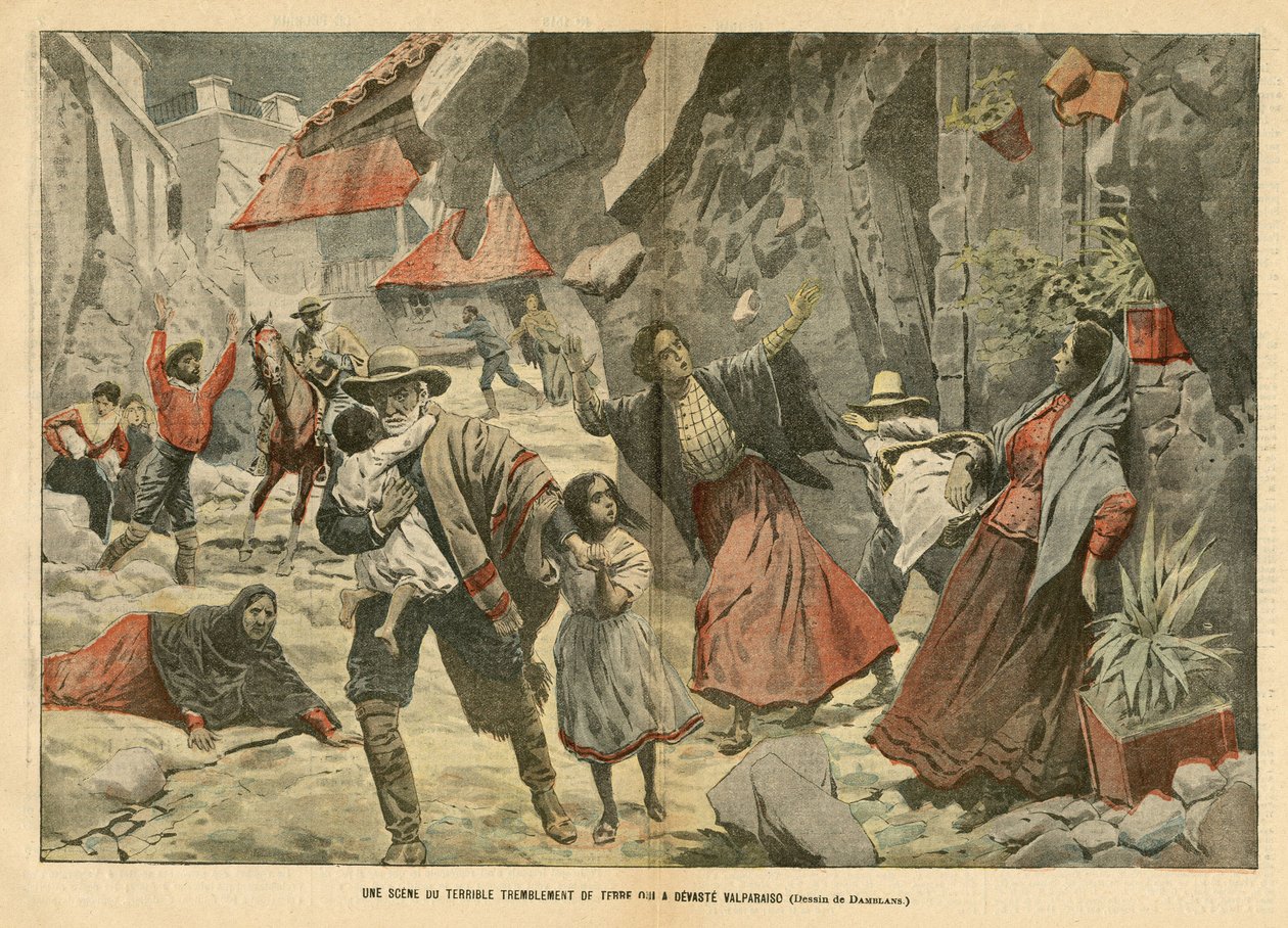 Illustrasjon av Eugene Damblans (1865-1945) i Le Pelerin, 02/09/06 - En scene av det forferdelige jordskjelvet - Diverse fakta, Latin-Amerika, Jordskjelv, Chile, Valpariso av Eugene Damblans