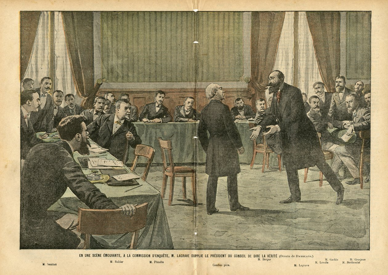 Illustrasjon av Eugene Damblans (1865-1945) i Le Pelerin, 03/07/04 - I en rørende scene, i undersøkelseskommisjonen, ba M. Lagrave presidenten for rådet om å fortelle sannheten - Religion Faith, Undersøkelseskommisjonen , katolsk katolisisme - Million av Eugene Damblans