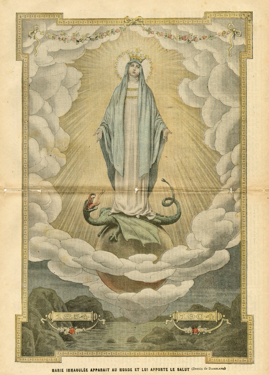 Illustrasjon av Eugene Damblans (1865-1945) i Le Pelerin, 04/12/04 - Mary immaculee viser seg for verden og bringer frelse til den - Religion Tro, katolsk katolisisme - Immaculee unnfangelse - Mary, Dragon - Skyer - Jorden av Eugene Damblans