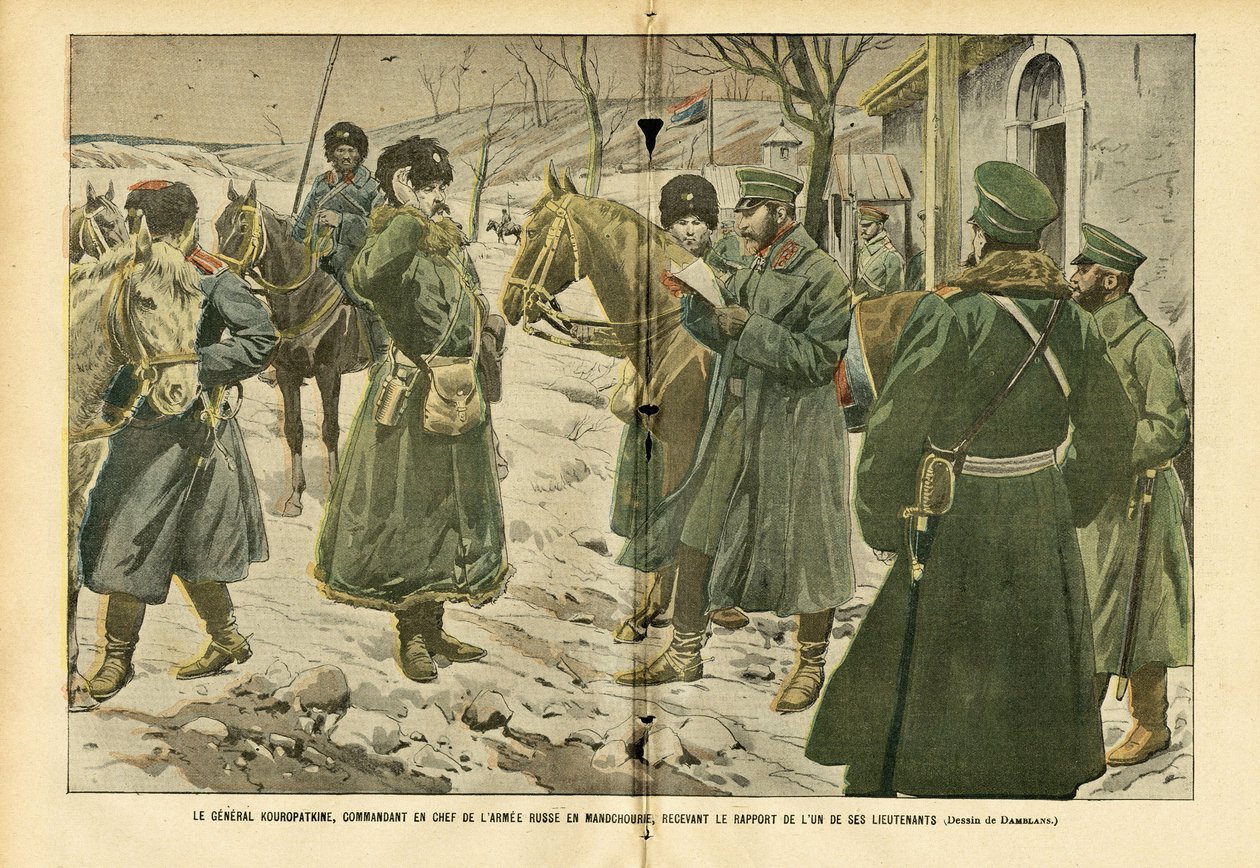 Illustrasjon av Eugene Damblans (1865-1945) i Le Pelerin, 05/03/05 - General Kuropatkin, øverstkommanderende for den russiske Armea i Manchuria, mottok rapporten fra en av hans løytnanter - Russland, Armea, Manchuria, Russland -Japansk krig, snø - general av Eugene Damblans