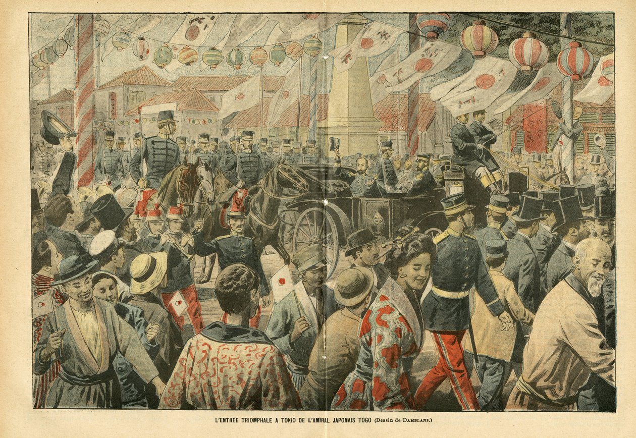 Illustrasjon av Eugene Damblans (1865-1945) i Le Pelerin, 05/11/05 - Den japanske admiralen Togos triumfinngang til Tokio - Armee, Japan, Crowd, Tokyo - Admiral Admirals, Togo Heihachiro (1848-1934), sivile av Eugene Damblans
