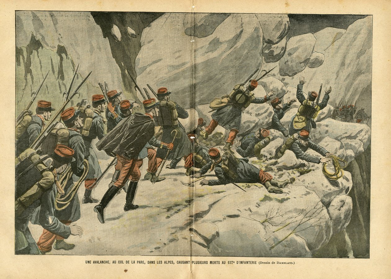 Illustrasjon av Eugene Damblans (1865-1945) i Le Pelerin, 06/03/04 - Et snøskred, ved Pare-passet, i Alpene, forårsaket flere dødsfall ved 157. infanteri - Ulike fakta, Armee, fjellklatring, infanteri , Alpene, Skred - Soldat av Eugene Damblans