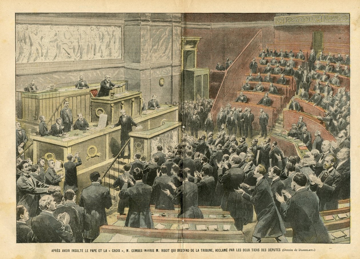 Illustrasjon av Eugene Damblans (1865-1945) i Le Pelerin, 06.11.04 - Etter å ha fornærmet paven og korset, fornærmet M. Combes M. Ribot som steg ned fra podiet, heiet av to tredjedeler av deputatene - Chamber of Deputeres Hemicycle, slåssing, retting av Eugene Damblans