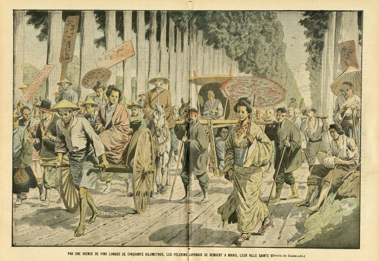 Illustrasjon av Eugene Damblans (1865-1945) i Le Pelerin, 09/04/05 - Ved en femti kilometer lang allé av Pines drar japanske peleriner til Nikko, deres hellige by - Religion Tro, Japan, Mote, Tree, Nikko - Pelerinages av Eugene Damblans