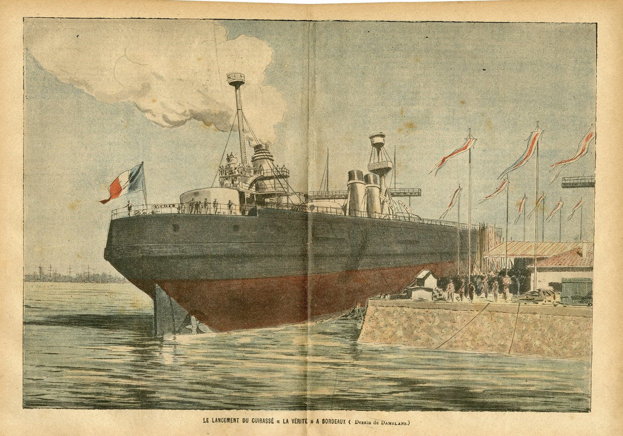 Illustrasjon av Eugene Damblans (1865-1945) i Le Pelerin, 09/06/07 - Lanseringen av brystplaten "" La Verite" i Bordeaux - Maritime Marine Nautique Balneaire, Port, Bordeaux, Inauguration, Cuirasse av Eugene Damblans