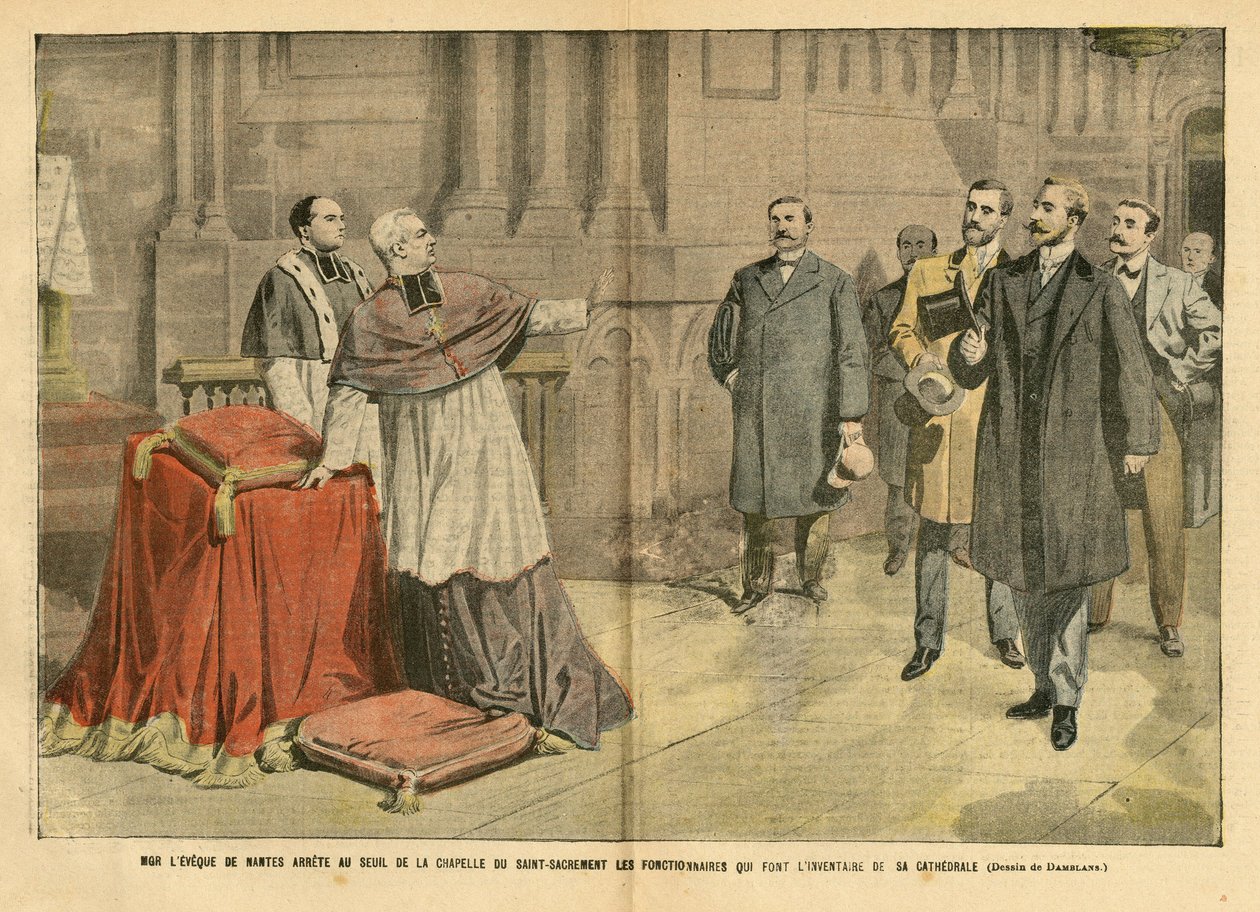 Illustrasjon av Eugene Damblans (1865-1945) i Le Pelerin, 09/12/06 - MGR l'Eveque de Nantes, stopper ved terskelen til nadverdskapellet. Tjenestemenn som gjør en oversikt over katedralen hans. - Religion Tro, intern arkitektur, kirker kated av Eugene Damblans