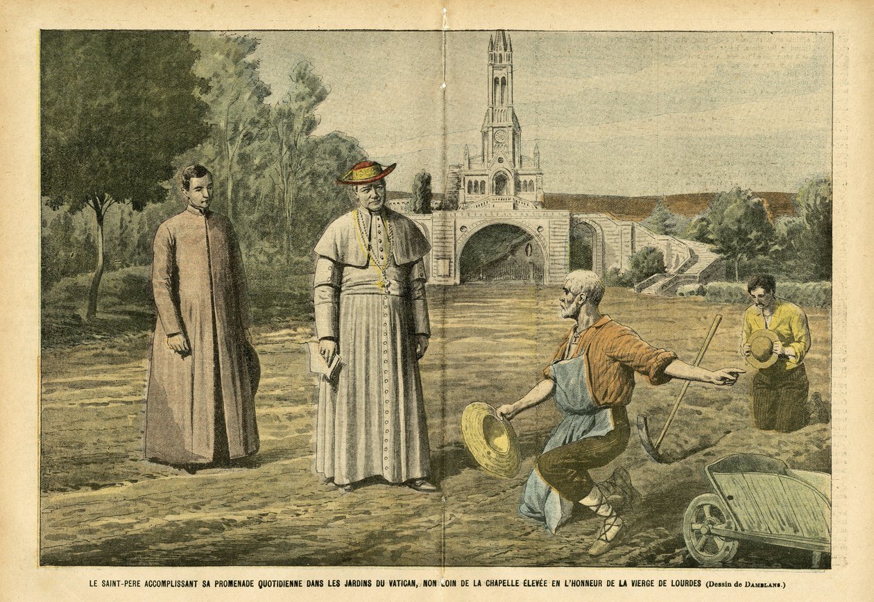 Illustrasjon av Eugene Damblans (1865-1945) i Le Pelerin, 20/08/05 - Den hellige far utfører sin daglige vandring i Vatikanets hager, ikke langt fra kapellet reist til ære for Jomfruen av Lourdes - Religion Tro, Landbruk, Vatikanet, katolikk av Eugene Damblans