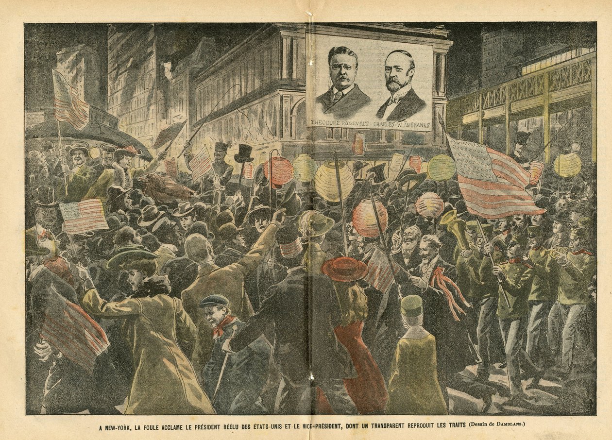 Illustrasjon av Eugene Damblans (1865-1945) i Le Pelerin, 20/11/04 - I New York heier publikum på den gjenvalgte presidenten i USA og visepresidenten, hvis transparente gjengir funksjonene - Amerika USA, valg, arkitektur Urbani av Eugene Damblans
