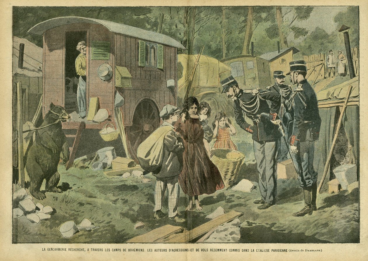 Illustrasjon av Eugene Damblans (1865-1945) i Le Pelerin, 21/04/07 - Gendarmeriet søker, gjennom bohemenes leire, gjerningsmennene til angrep og ran nylig begått i de parisiske forstedene - Ulike fakta, Barndom, Politi, Misere, Insecu av Eugene Damblans