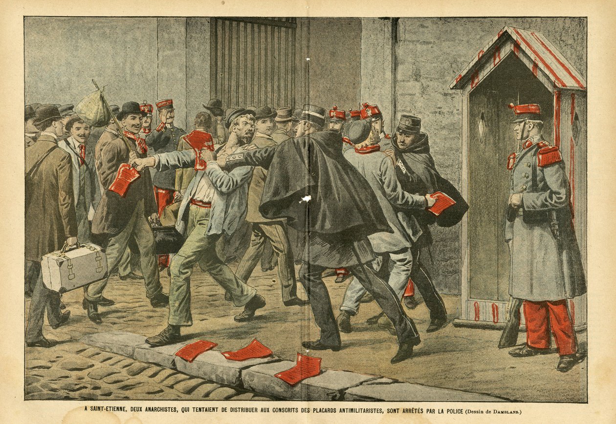 Illustrasjon av Eugene Damblans (1865-1945) i Le Pelerin, 22/10/05 - I Saint-Etienne ble to anarkister som prøvde å distribuere antimilitaristiske garderober til vernepliktige, arrestert av politiet - Antimilitarism, Anarchist Anarchism, Armee, Politi, Sai av Eugene Damblans