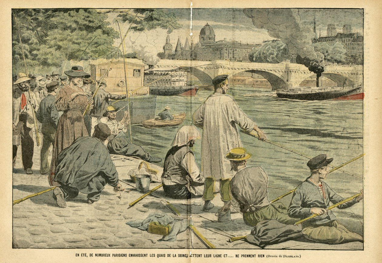 Illustrasjon av Eugene Damblans (1865-1945) i Le Pelerin, 23/06/05 - Om sommeren invaderer mange parisere Seines bredder og kaster snøret og... tar ingenting - Loisirs, Paris, Fishing Pecher Pecheur, Pont , Seine (elv), Ete, Peniche, Canne en fisk av Eugene Damblans