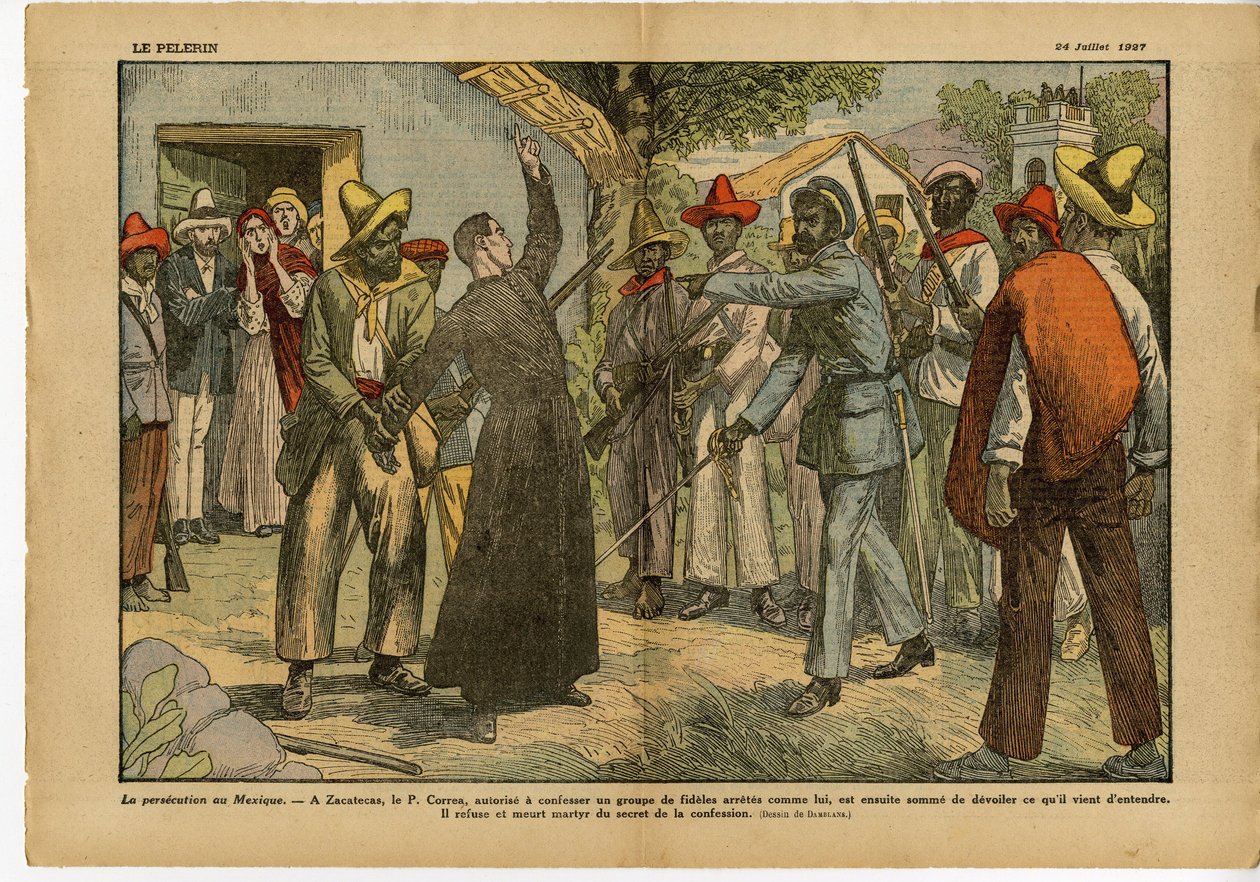 Illustrasjon av Eugene Damblans (1865-1945) i Le Pelerin, 24/07/27 - Forfølgelser i Mexico - Religion Tro, revolusjon, Mexico, katolsk katolisisme - Bekjennelsesskrift - kur av Eugene Damblans