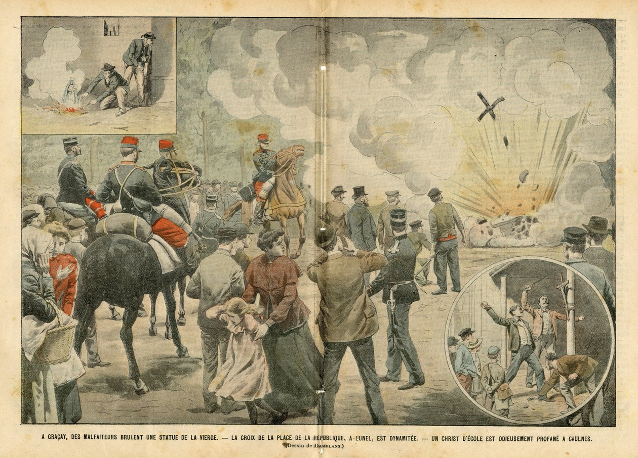 Illustrasjon av Eugene Damblans (1865-1945) i Le Pelerin, 25/09/04 - I Gracay brenner kriminelle en statue av jomfruen - Skorpen på Place de la Republique er dynamitt, en skolens Kristus er avskyelig profan i Caulnes - Antiklerikalisme, religiøs tro av Eugene Damblans