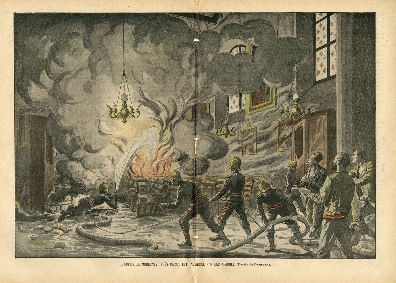 Illustrasjon av Eugene Damblans (1865-1945) i Le Pelerin, 26/06/04 - Kirken Suresnes, nær Paris, blir brent av apachene - Diverse fakta, Religion Tro, Utrygghet, Cathedrale Churches, Brann, Suresnes, katolsk katolisisme - Apaches proxen av Eugene Damblans