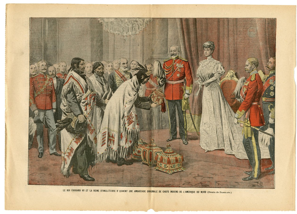 Illustrasjon av Eugene Damblans (1865-1945) i Le Pelerin, 26/08/06 - Kong Edward og dronning av England... - Amerika USA USA, England Storbritannia, offisielt besøk - Edward VII (1841-1910), Victoria, indianere av indianere av Eugene Damblans