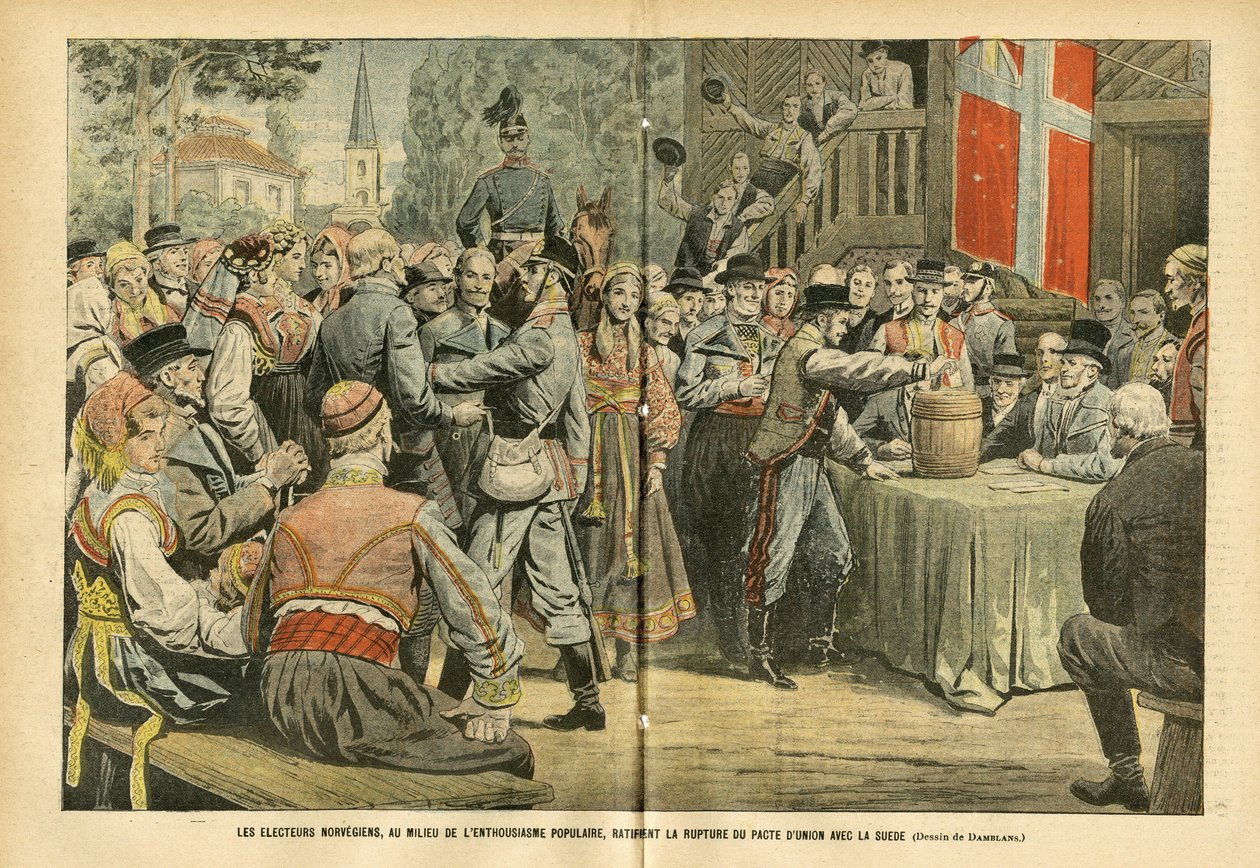 Illustrasjon av Eugene Damblans (1865-1945) i Le Pelerin, 27/08/05 - Det norske valget, midt i folkelig entusiasme, ratifiserer bruddet på unionspakten med Sverige - Valg, Urban arkitektur, Folkemengde, Sverige, Norge - Urne av Eugene Damblans