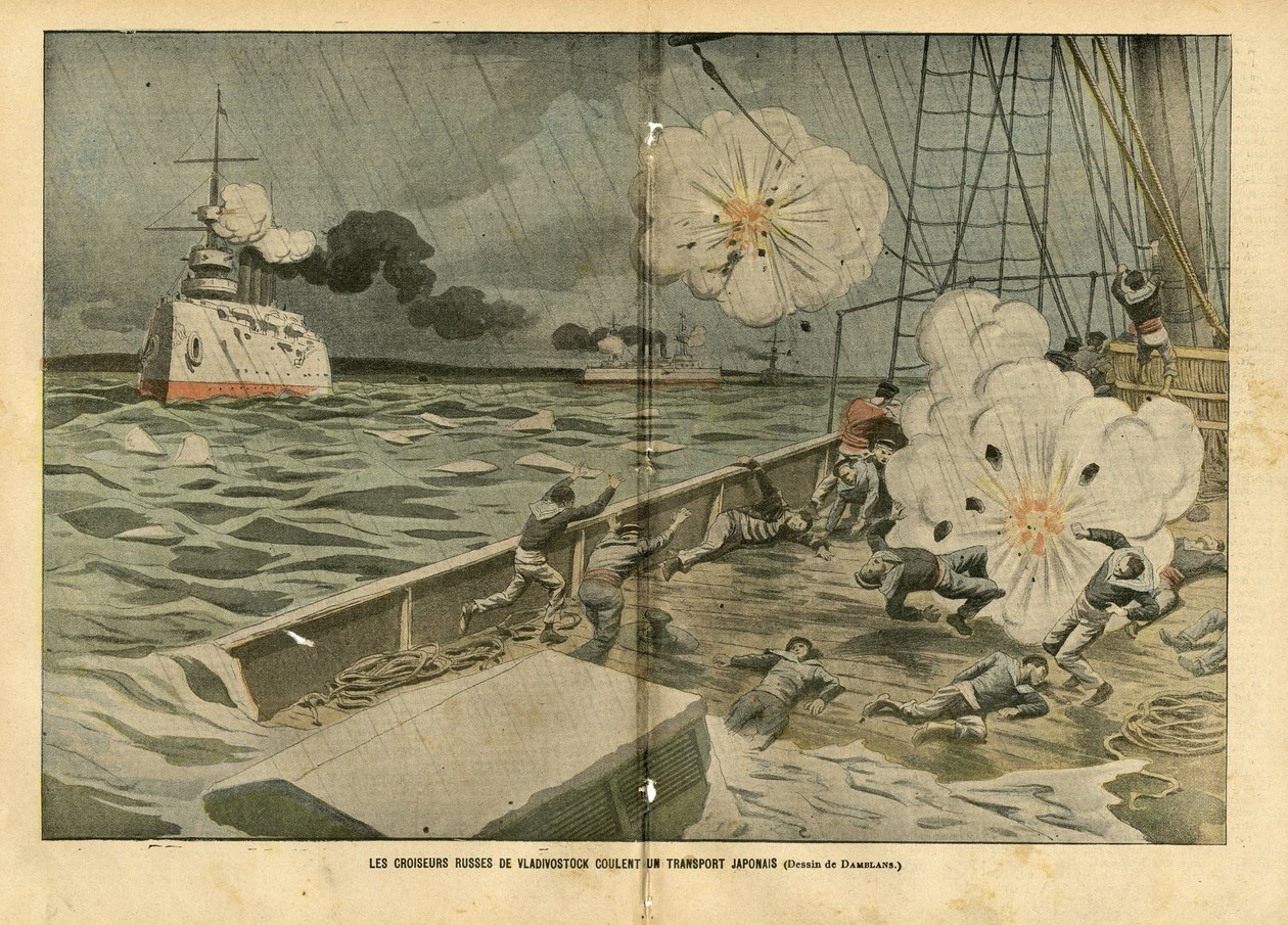 Illustrasjon av Eugene Damblans (1865-1945) i Le Pelerin, 28/02/04 - De russiske krysserne i Vladivostok senker en japansk transport - Armee, Maritime Marine Seaside, russisk-japanske krig, krigsskip, Vladivostok - Sjømenn, sjømenn av Eugene Damblans