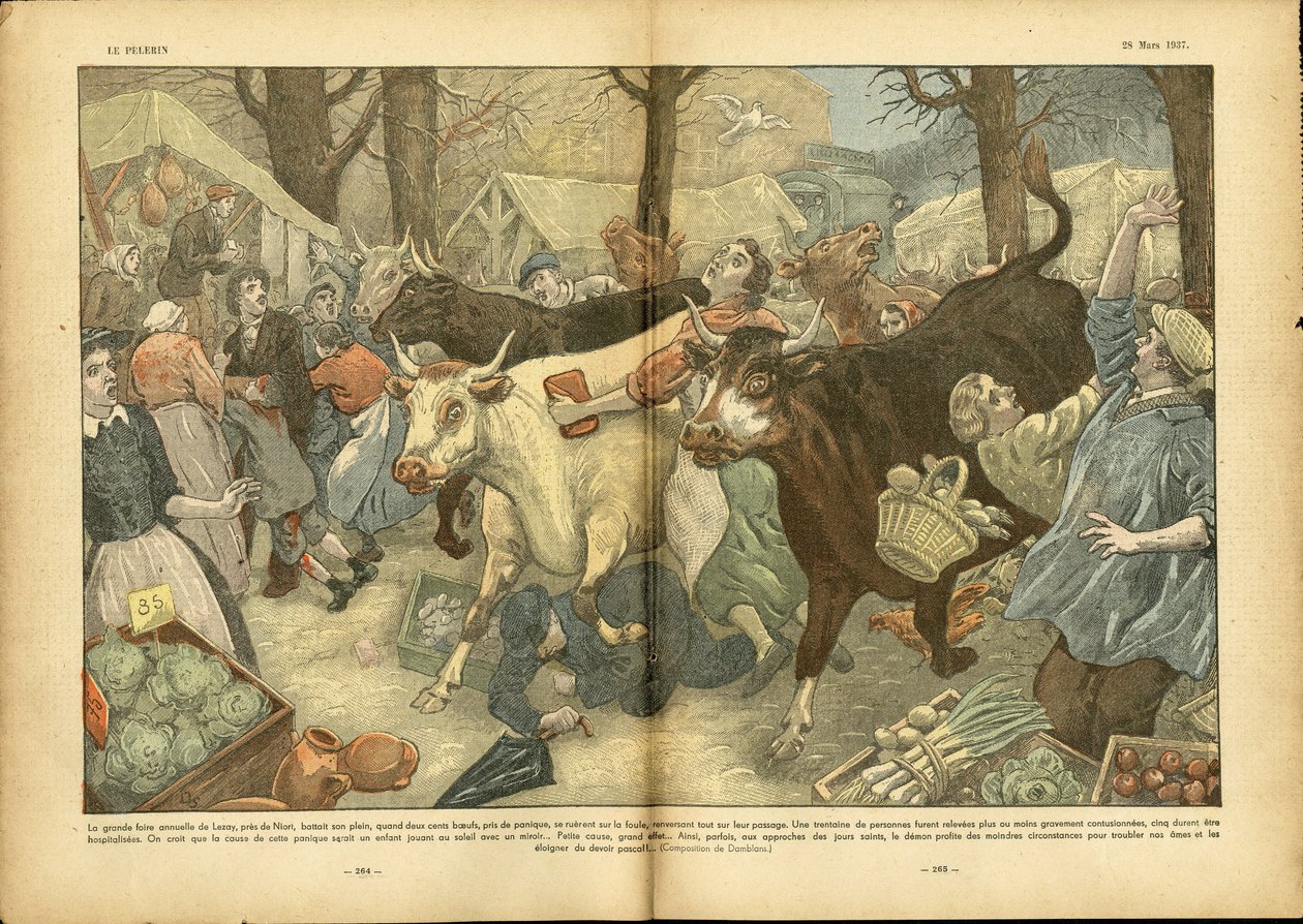 Illustrasjon av Eugene Damblans (1865-1945) i Le Pelerin, 28/03/37 - Den store årlige messen i Lezay nær Niort - Diverse fakta, Økonomi, Folkemengde, Butikker, Landbruk, Belgvekster - Ku, Biff, Camelot-reisende av Eugene Damblans