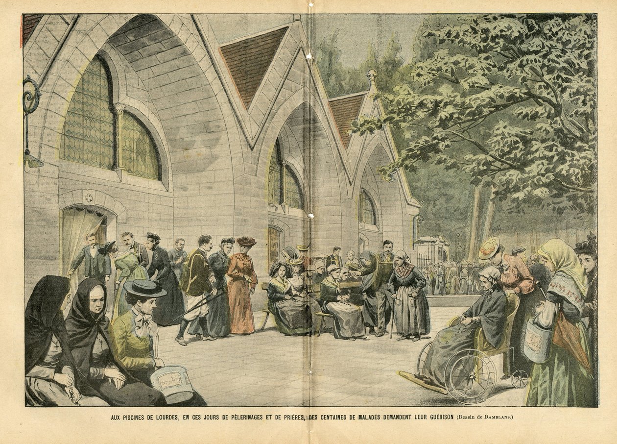 Illustrasjon av Eugene Damblans (1865-1945) i Le Pelerin, 28/08/04 - Ved bassengene i Lourdes, i disse dager med pelerinager og bønner, ber hundrevis av pasienter om deres krig - Medisinsk, Religion Tro, Arkitektur Byplanlegging , katolsk katolikk av Eugene Damblans