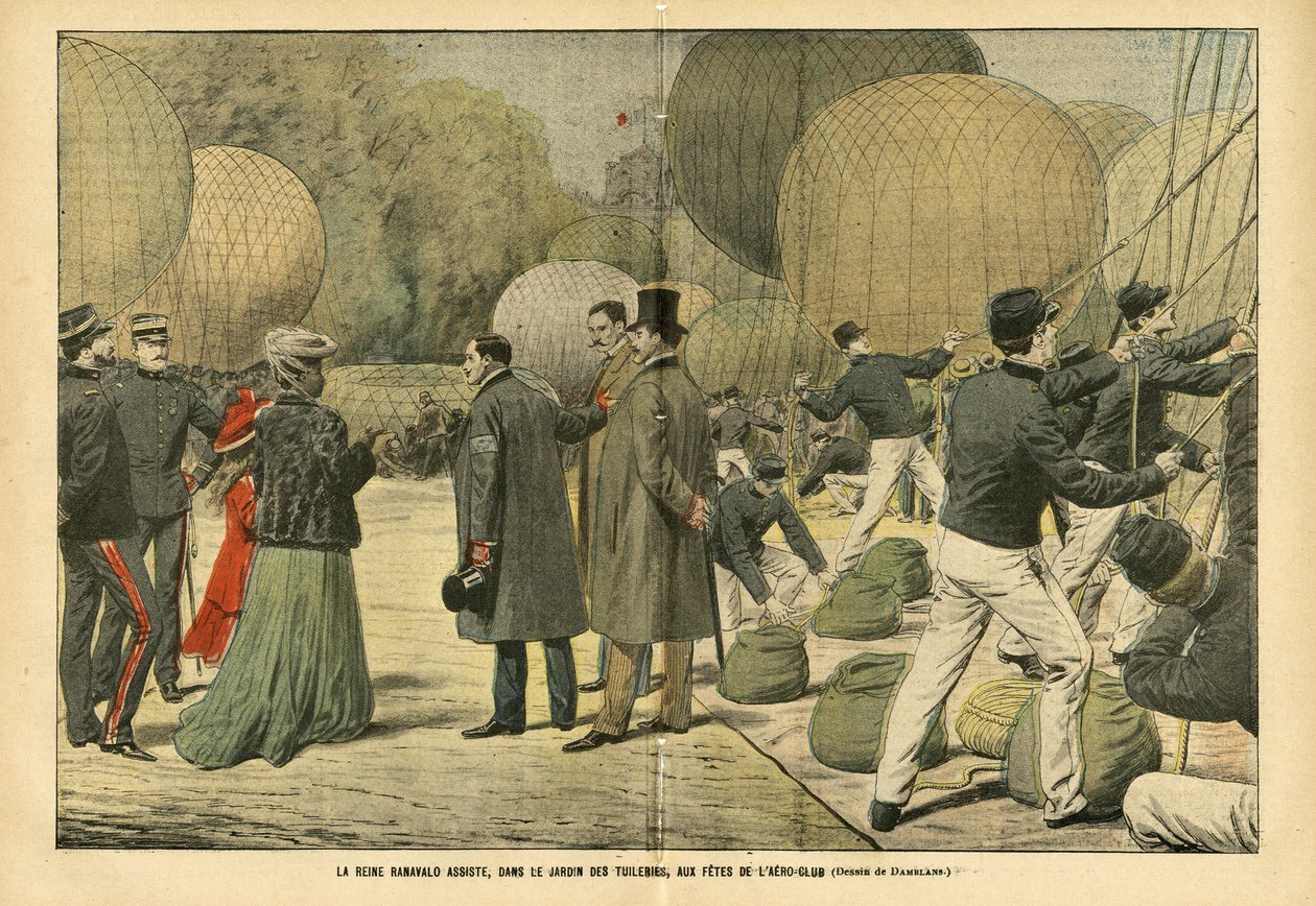 Illustrasjon av Eugene Damblans (1865-1945) i Le Pelerin, 29/10/05 - Dronning Ranavalo deltar, i Tuileries Garden, på Aero-Club-festen - Ballonger luftskip zeppelinere aerostation, Paris, Madagaskar, Public Garden, Foreign Sovereigners, Tuileries - Ranava av Eugene Damblans
