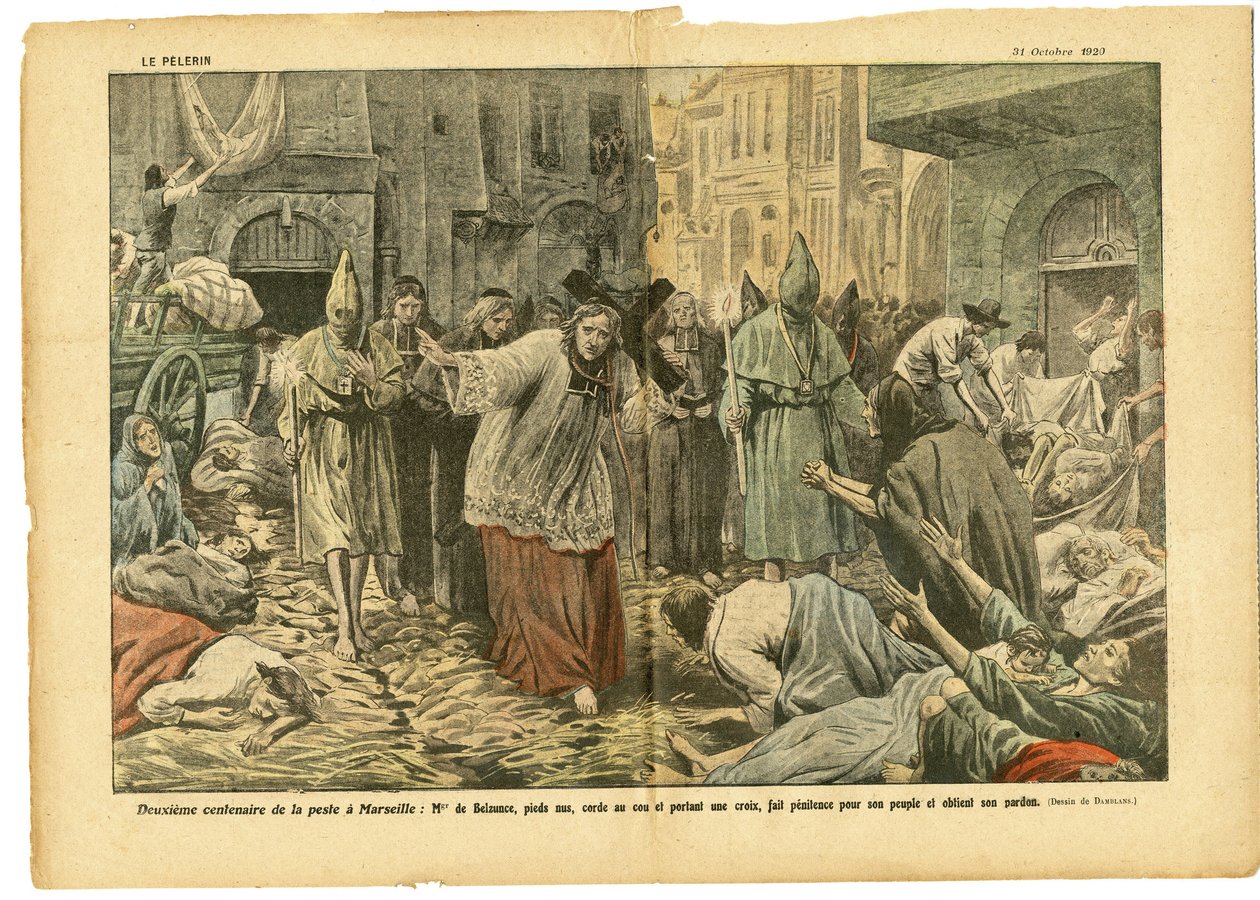 Illustrasjon av Eugene Damblans (1865-1945) i Le Pelerin, 31/10/20 - Andre hundreårsjubileum for pesten i Marseille - Medisinsk, Religion Tro, Marseille, pest, katolsk katolisisme - prosesjon av Eugene Damblans