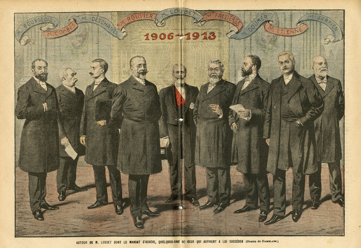Illustrasjon av Eugene Damblans (1865-1945) i Le Pelerin, 31/12/05 - Rundt M. Loubet donerer perioden slutter, noen av dem som ønsker å etterfølge ham - Valg, republikkens president - Combes Emile (1835-1921) ), Doumer Paul (1857-1932), Rouvier Mauric av Eugene Damblans