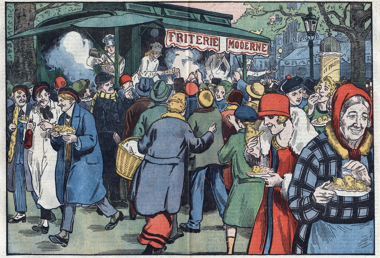I Paris reiser en street fries (pommes frites-forhandler), oppmuntret av regjeringen, gjennom de forskjellige nabolagene for å oppmuntre befolkningen til å spise fisk. Illustrasjon av Damblans. I "" Le Pelerin"" av 11. april av Eugene Damblans