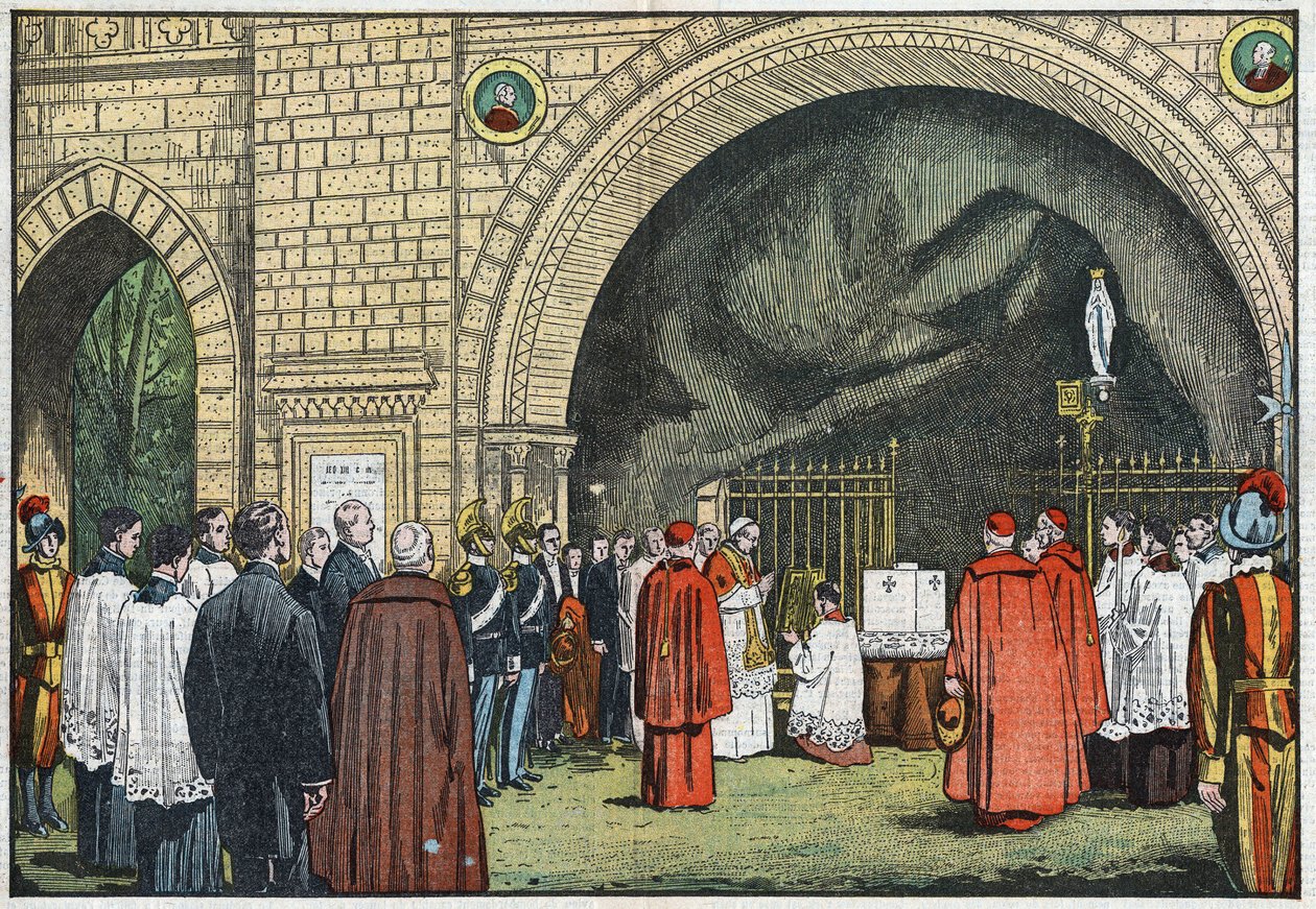 In front of the “Grotto de Lourdes”, in the gardens of the Vatican, Pope Pius XI blessed the first stone of the College of Propaganda which would rise on the Janicule. Illustration of Damblans. In “ Le Pelerin” of June 3 av Eugene Damblans
