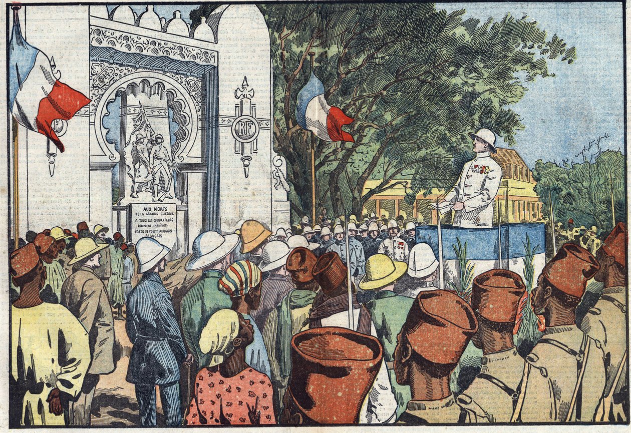 Innvielse i Dakar, av Andre Maginot (1877-1932), minister for kolonier, av monumentet til de tretti tusen døde i Fransk Vest-Afrika. Illustrasjon av Damblans. I "" Le Pelerin"" av 10. mars av Eugene Damblans