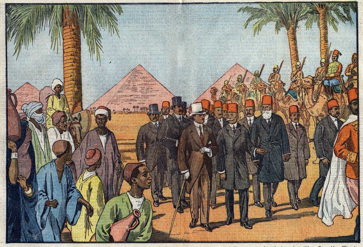 King Amanullah of Afghanistan (1892-1960) visits the Pyramids of Egypt, accompanied by an escort of Meharists. Cairo, Egypt. Illustration of Damblans. In “” Le Pelerin”” of January 22 av Eugene Damblans
